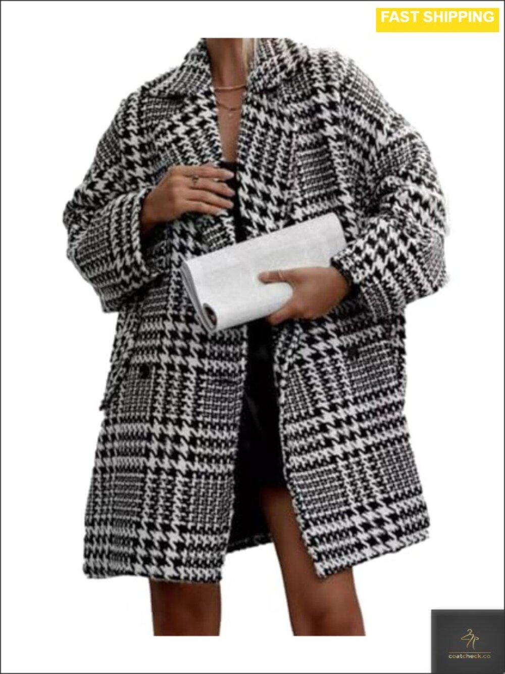 Houndstooth Wool Blend Pea Coat Double Breasted Winter Jacket